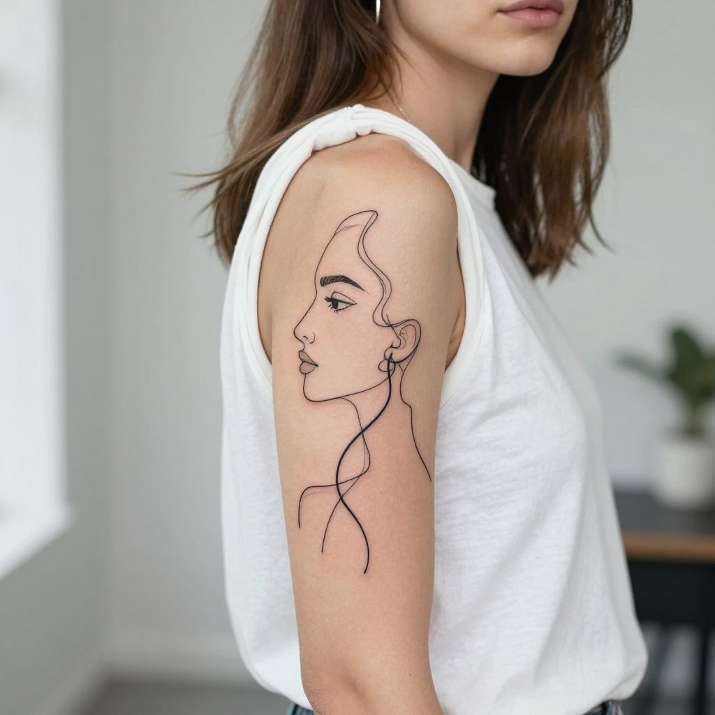 Continuous Line Portrait Tattoo