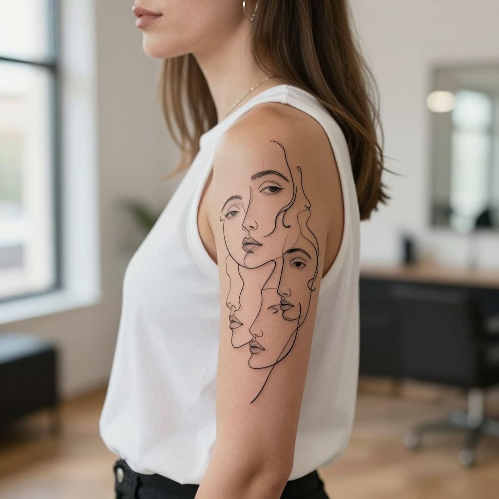 Abstract Faces Line Work Tattoo