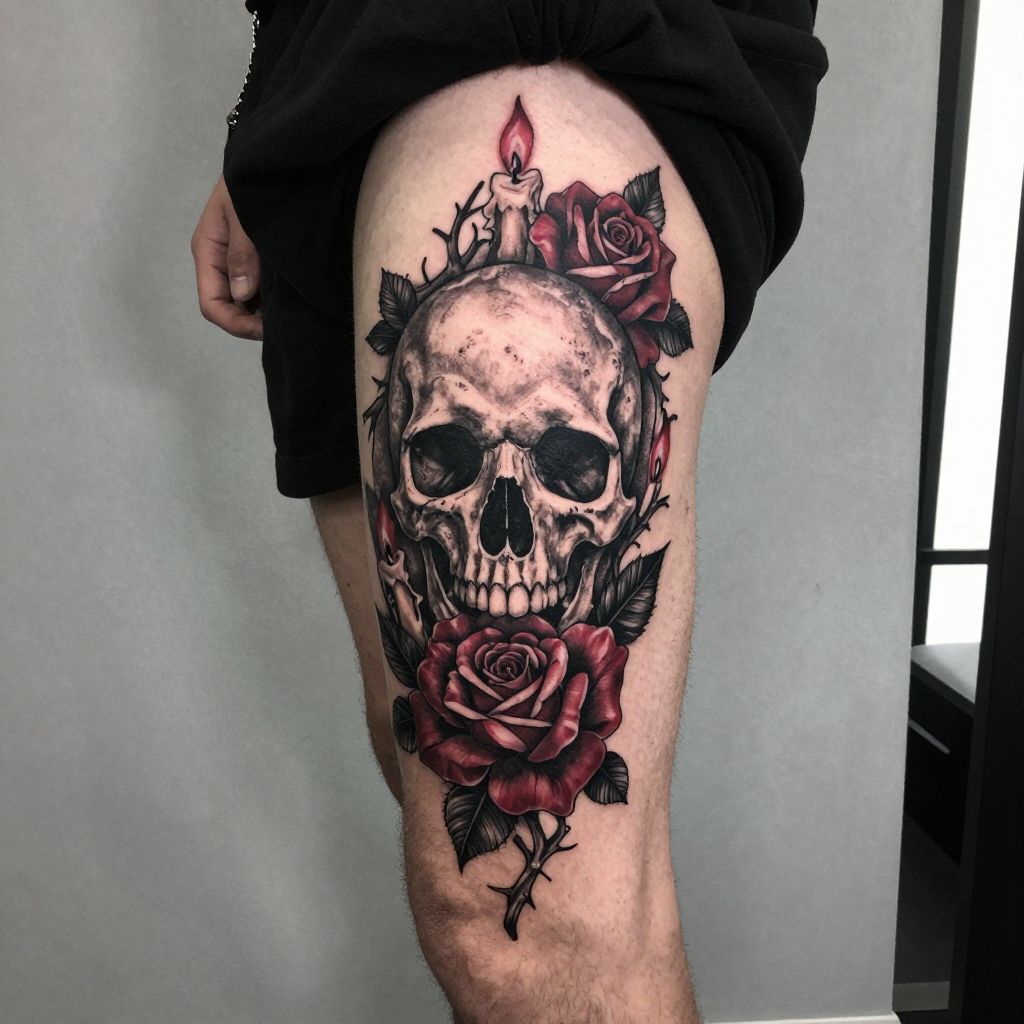 Gothic Skull and Roses Tattoo