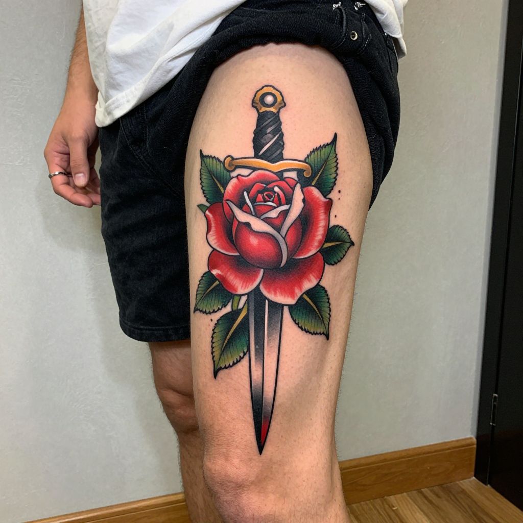 Neo-Traditional Rose and Dagger Tattoo
