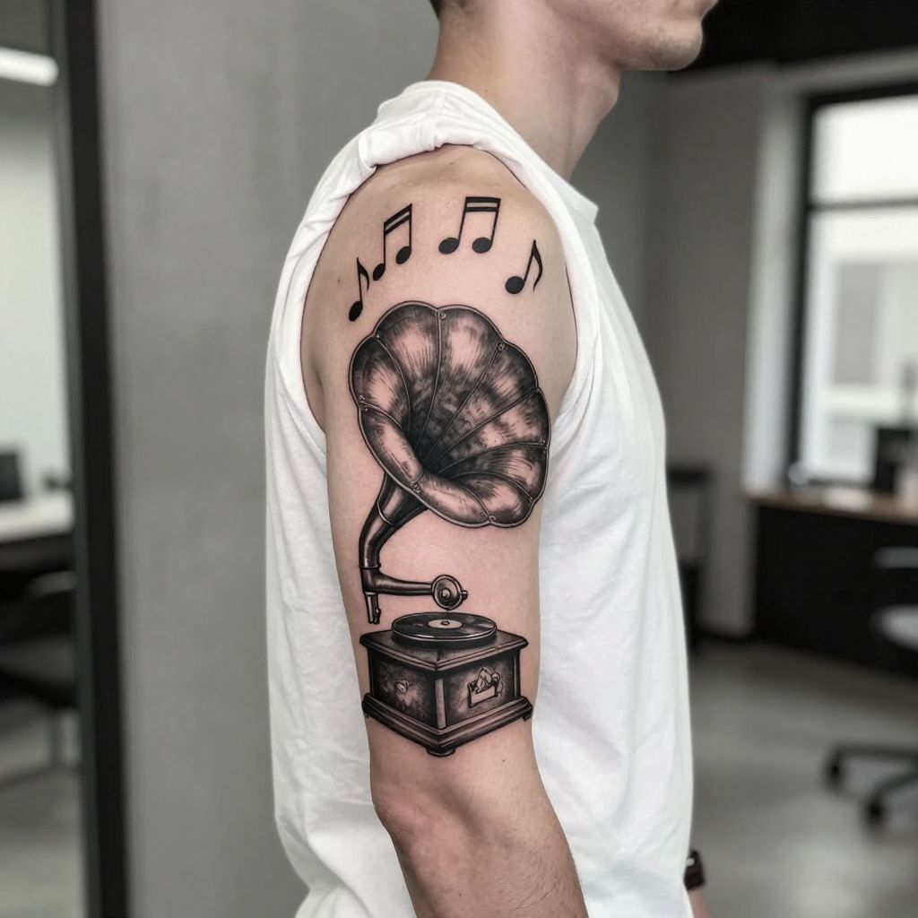 Vintage Gramophone with Floating Music Notes on the Upper Arm