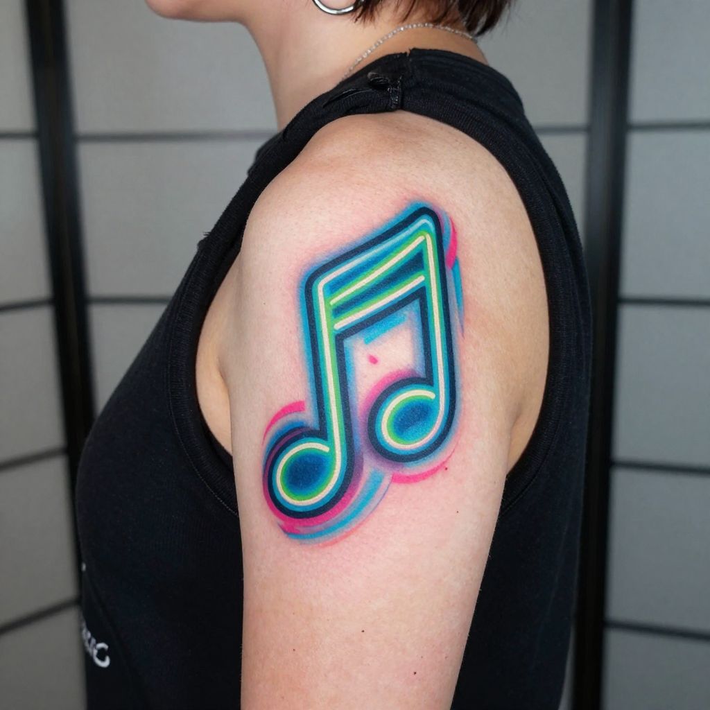 Neon-Style Music Note with Electric Colors on the Shoulder