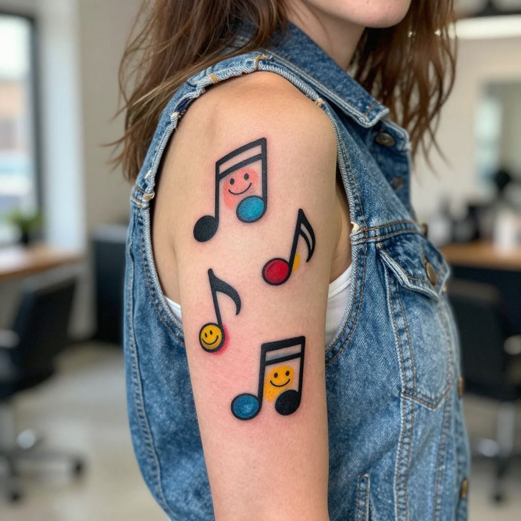 Cartoon-Style Music Notes with Smiley Faces on the Outer Arm