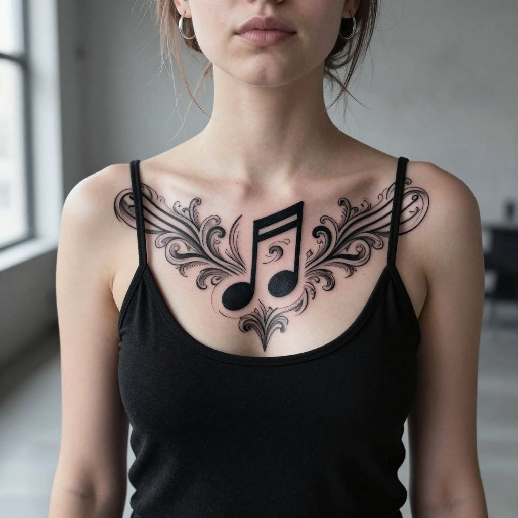 Blackwork Music Note with Ornamental Filigree on the Chest