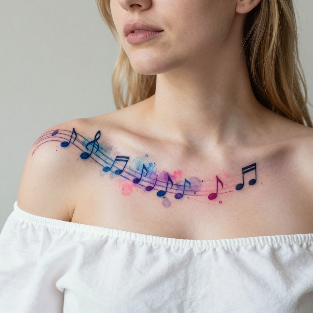 Watercolor Music Notes Flowing Across the Collarbone