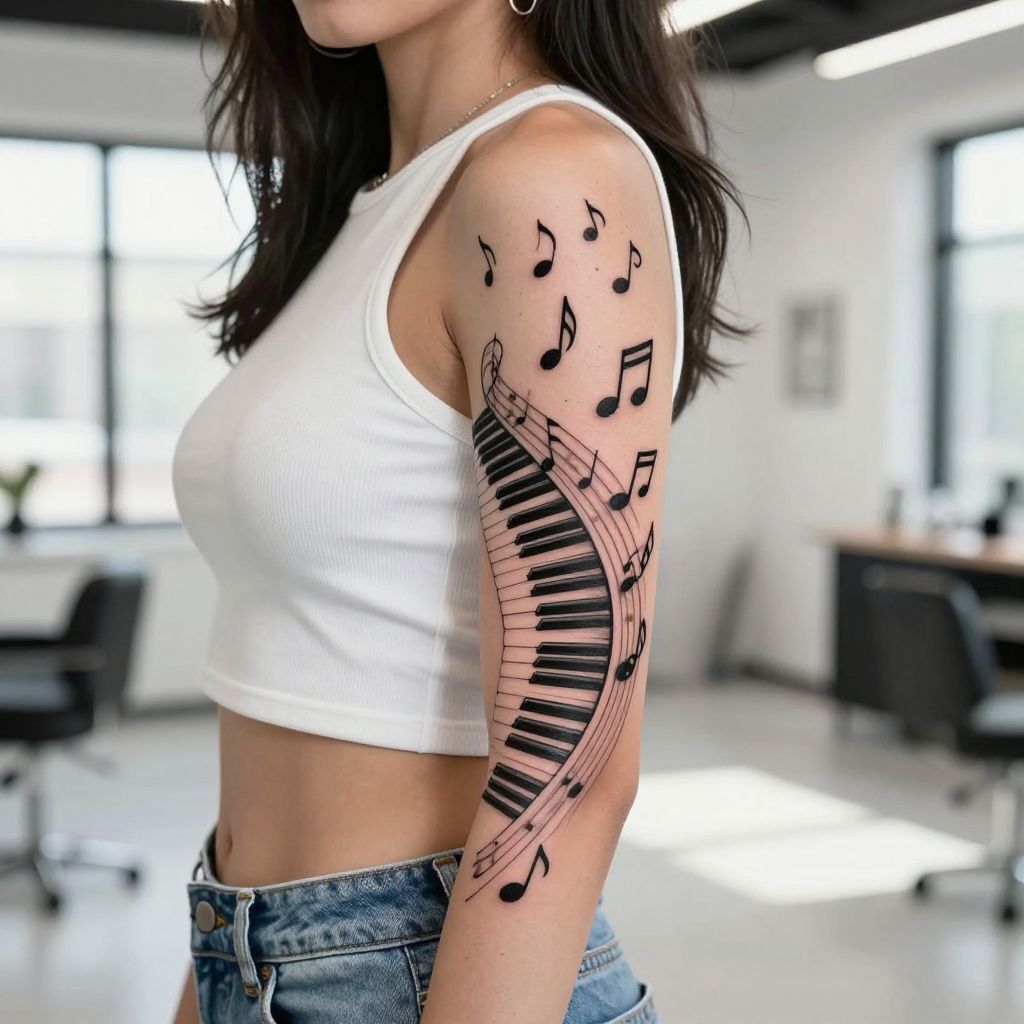 Piano Keys Transitioning Into Music Notes on the Side Rib