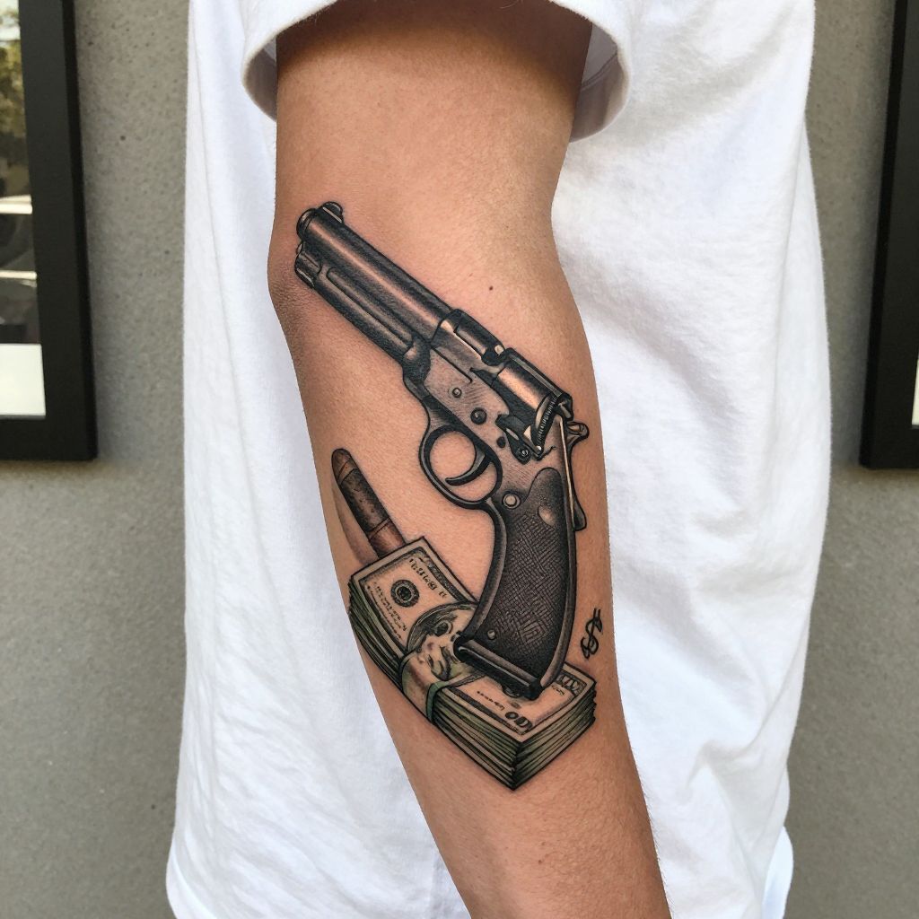 Scarface Gun and Money Stack Tattoo