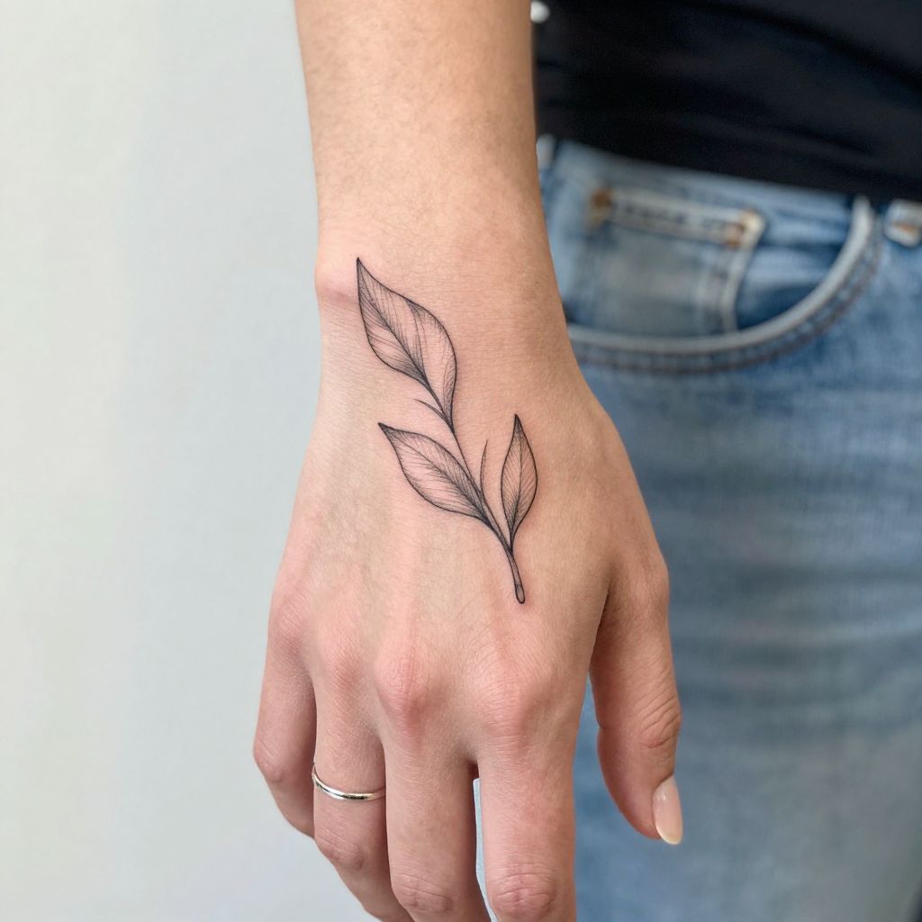 Delicate Leaf Outline on the Side of the Hand