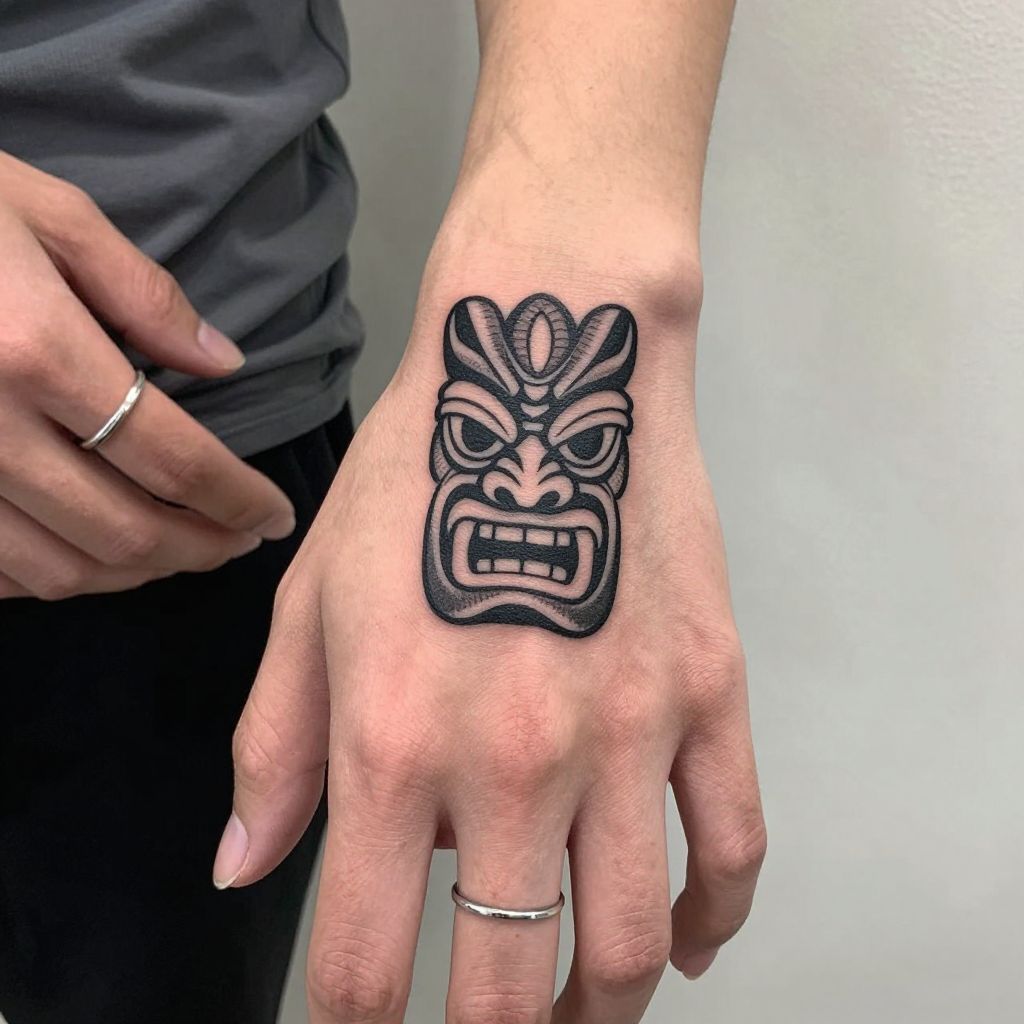 Tiki Face Finger Tattoo