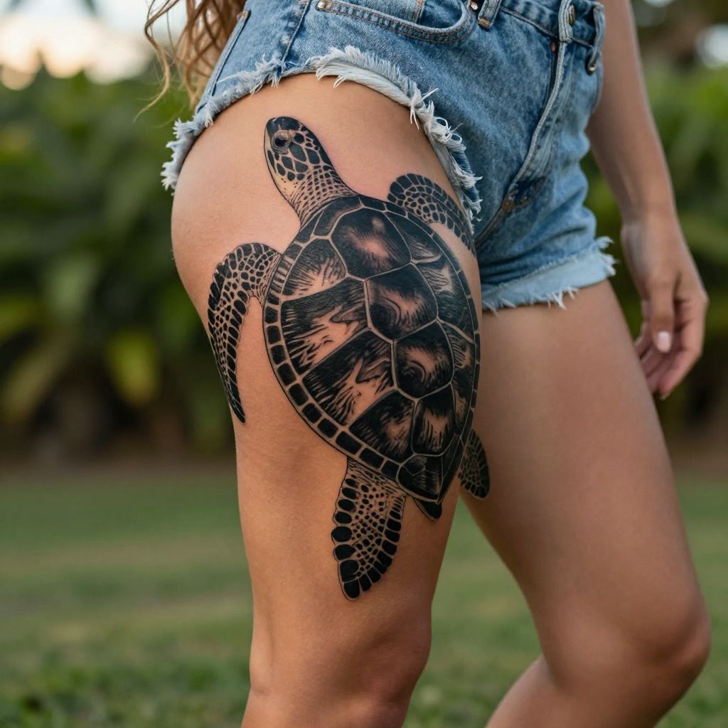 Hawaiian Honu Turtle Thigh Tattoo