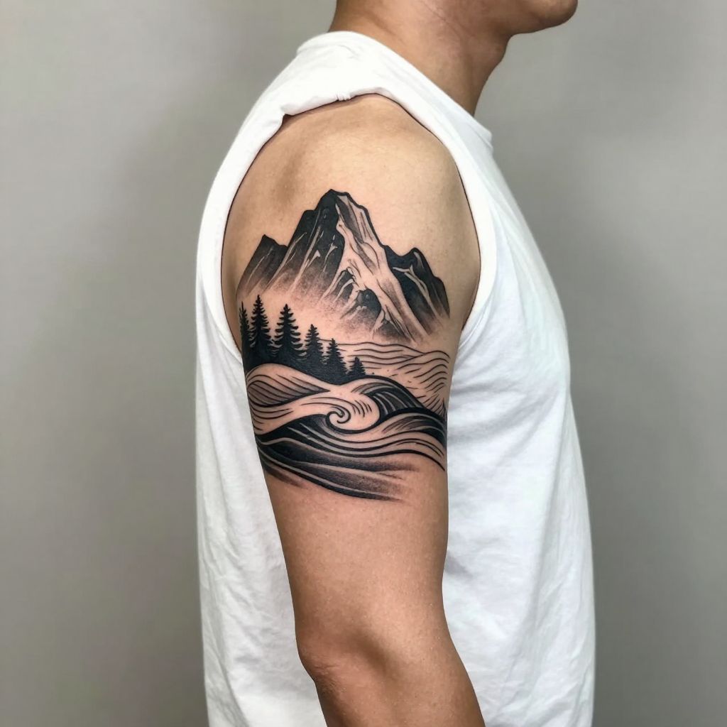 Wave and Mountain Landscape